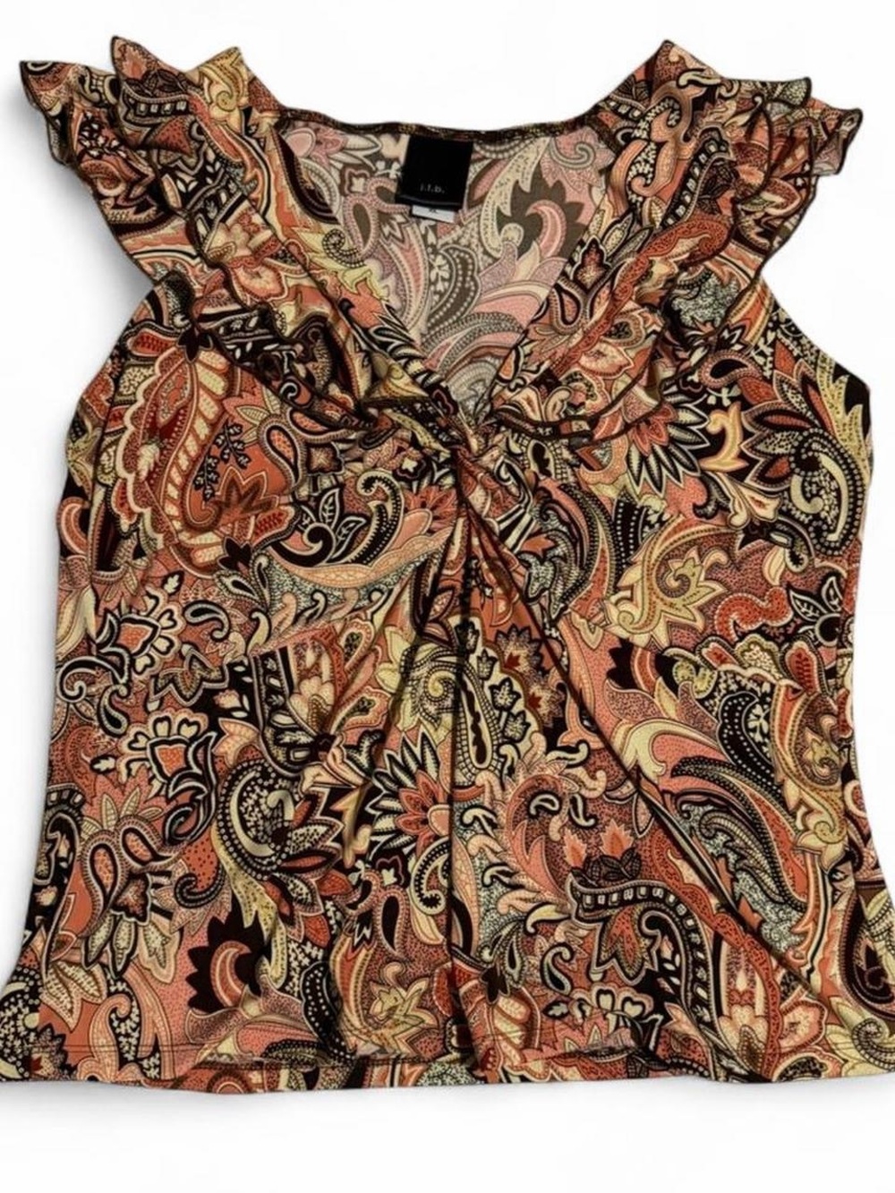 Paisley Ruffle V-Neck Sleeveless Blouse - Multi Pink Peach